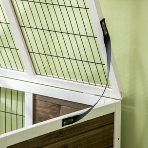 Conejera de Madera Elevada Jaula para Conejos con Zona Abierta Techo Abatible Puertas con Pestillo Bandeja Extraíble y Rampa Conejera para Interior 90x53x87 cm Marrón y Blanco