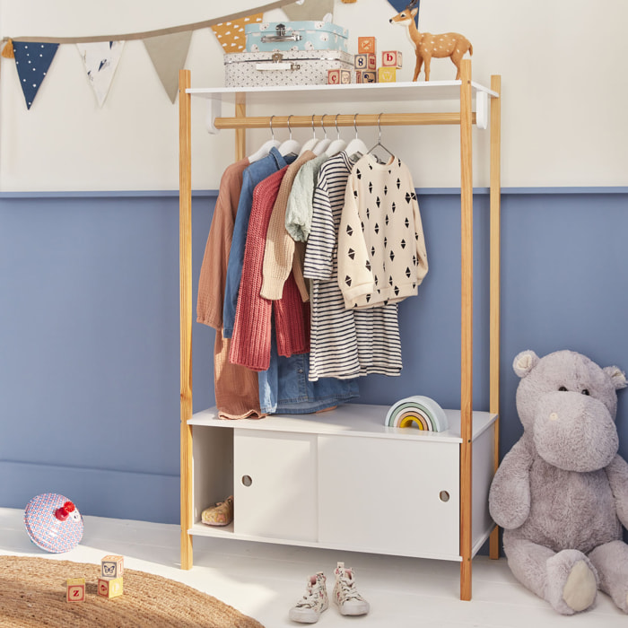 Penderie pour enfants - TOBIAS - deux portes coulissantes et portant bois massif en pin naturel blanc.  80X40X136.5CM