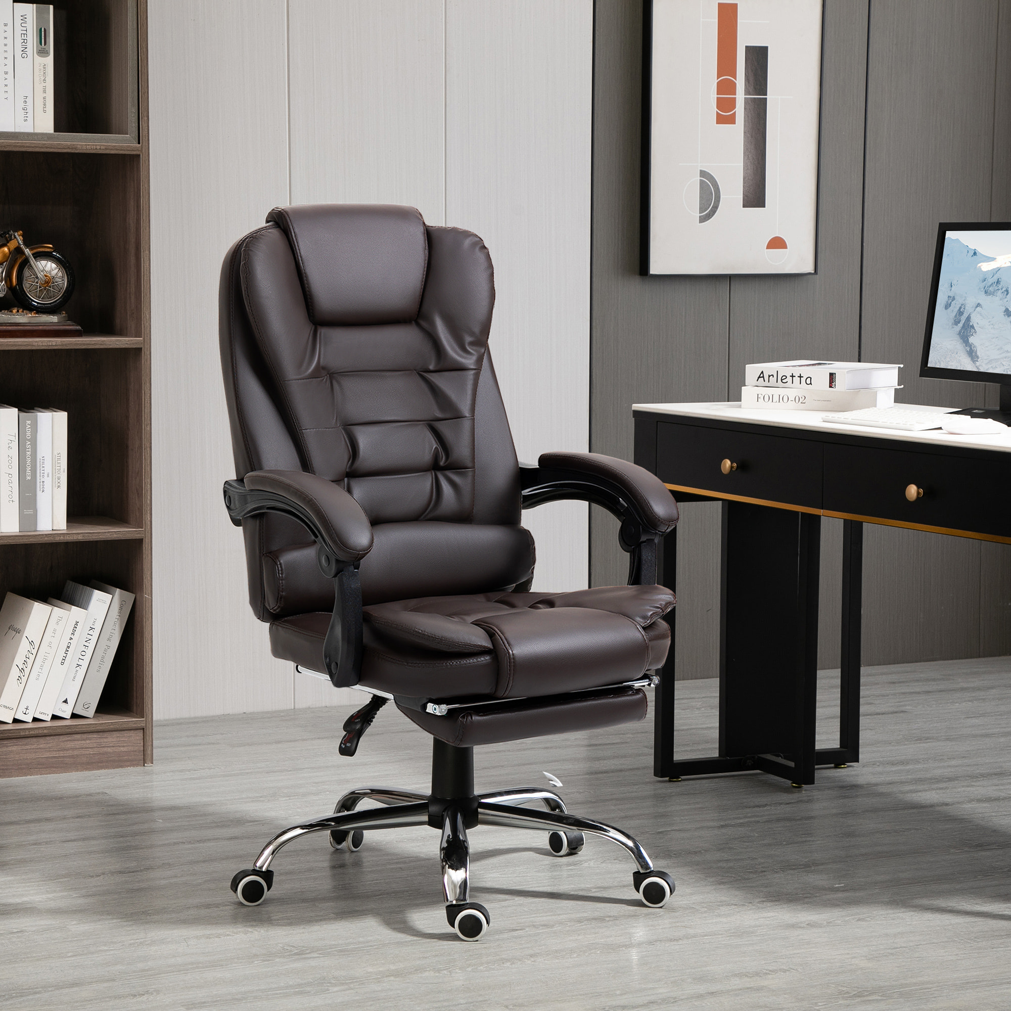 Silla de Oficina Reclinable Silla de Escritorio con Reposapiés Silla Ejecutiva Giratoria con Altura Ajustable Tapizada en PU y Reposabrazos para Estudio Café