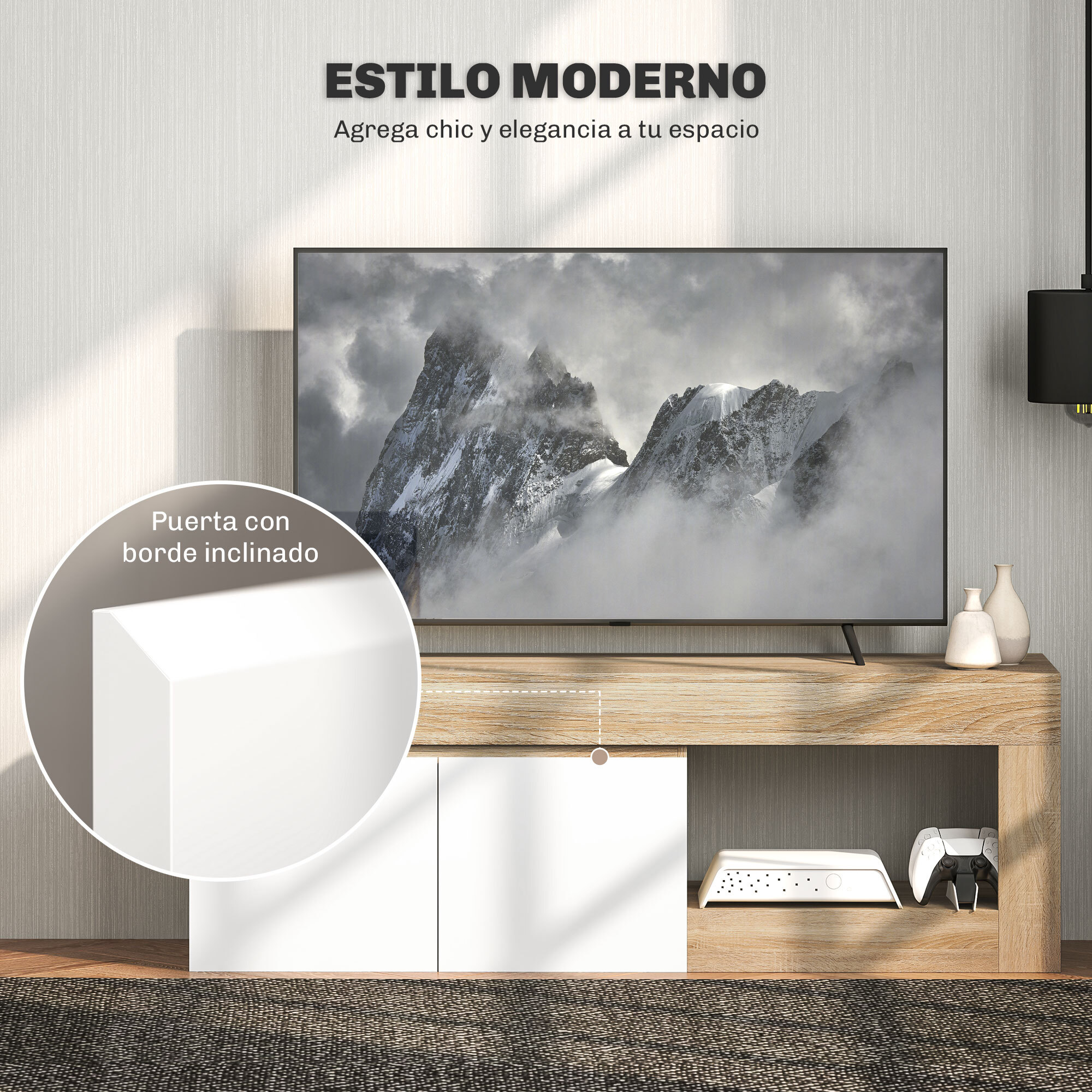 Mueble de TV Moderno, Mesa de TV para Salón con 2 Puertas, Estante Abierto, para Televisión 60 Pulgadas, 140x40x48 cm, Blanco y Natural