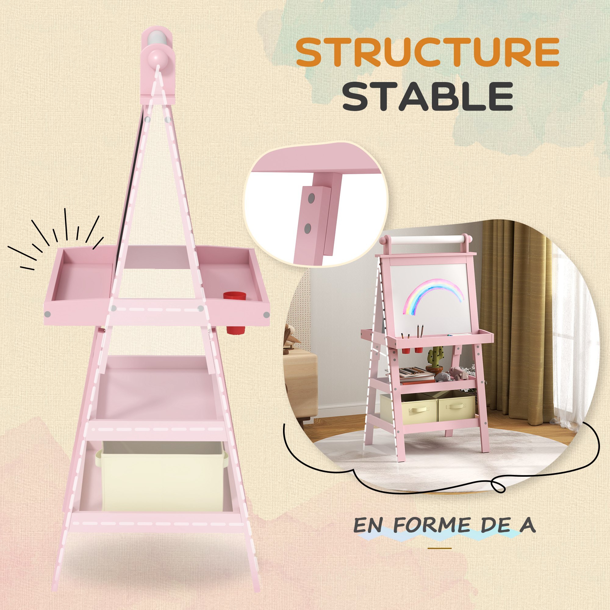 Tableau chevalet enfant 3 en 1 tableau double face enfant avec tableau blanc magnétique tableau à craie rangements bois rose
