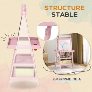 Tableau chevalet enfant 3 en 1 tableau double face enfant avec tableau blanc magnétique tableau à craie rangements bois rose