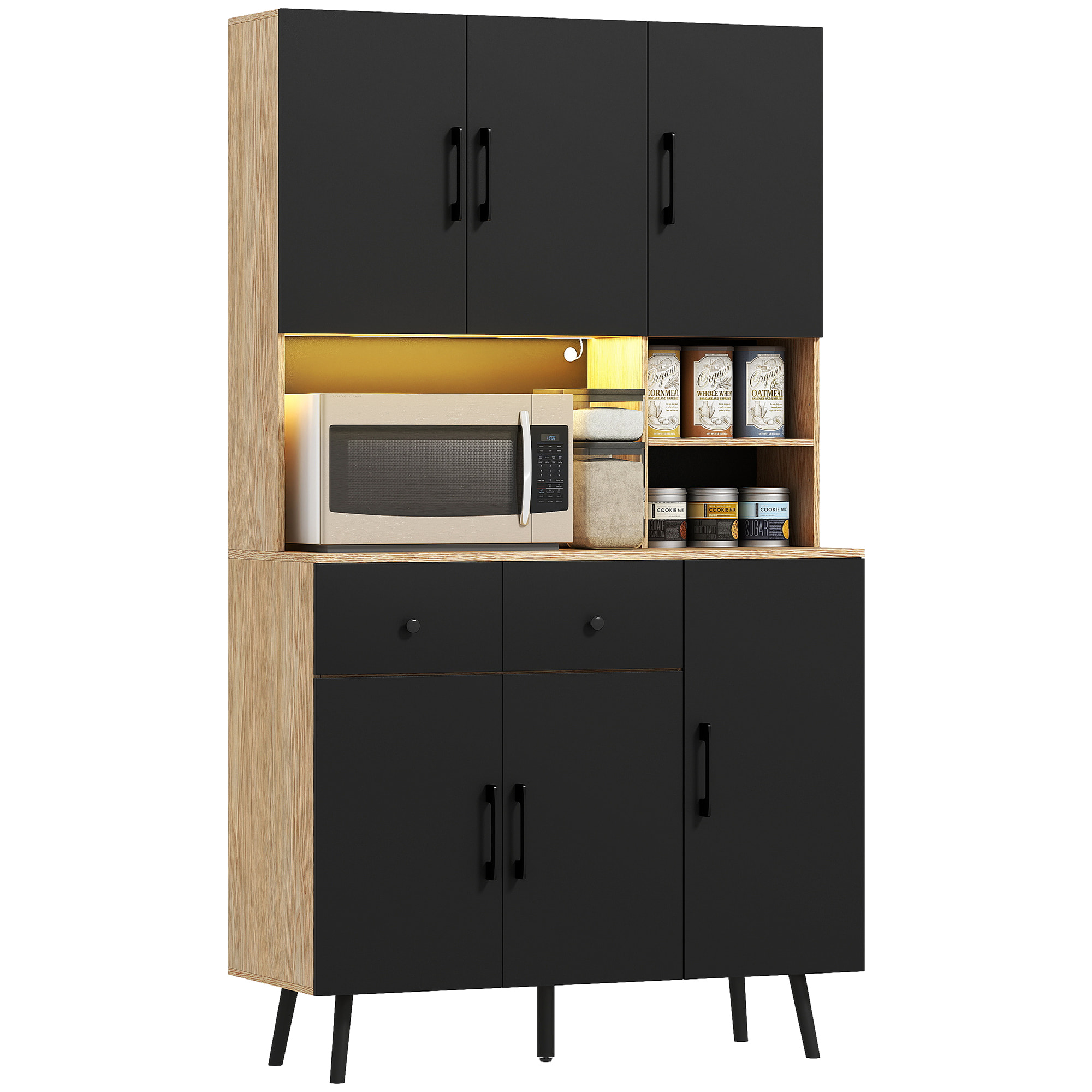 Alacena de Cocina Alta con Luces LED RGB Mueble Auxiliar de Cocina con 6 Puertas 2 Cajones Encimera y Orificio para Cables Estilo Moderno Negro y Roble 100x40x176 cm