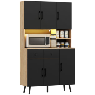 Alacena de Cocina Alta con Luces LED RGB Mueble Auxiliar de Cocina con 6 Puertas 2 Cajones Encimera y Orificio para Cables Estilo Moderno Negro y Roble 100x40x176 cm