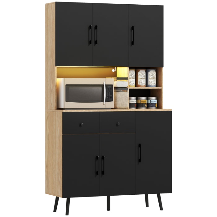 Alacena de Cocina Alta con Luces LED RGB Mueble Auxiliar de Cocina con 6 Puertas 2 Cajones Encimera y Orificio para Cables Estilo Moderno Negro y Roble 100x40x176 cm