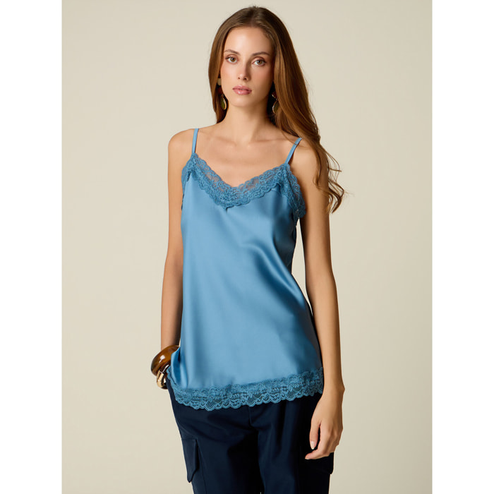 Oltre - Top lingerie in raso e pizzo - Azzurro