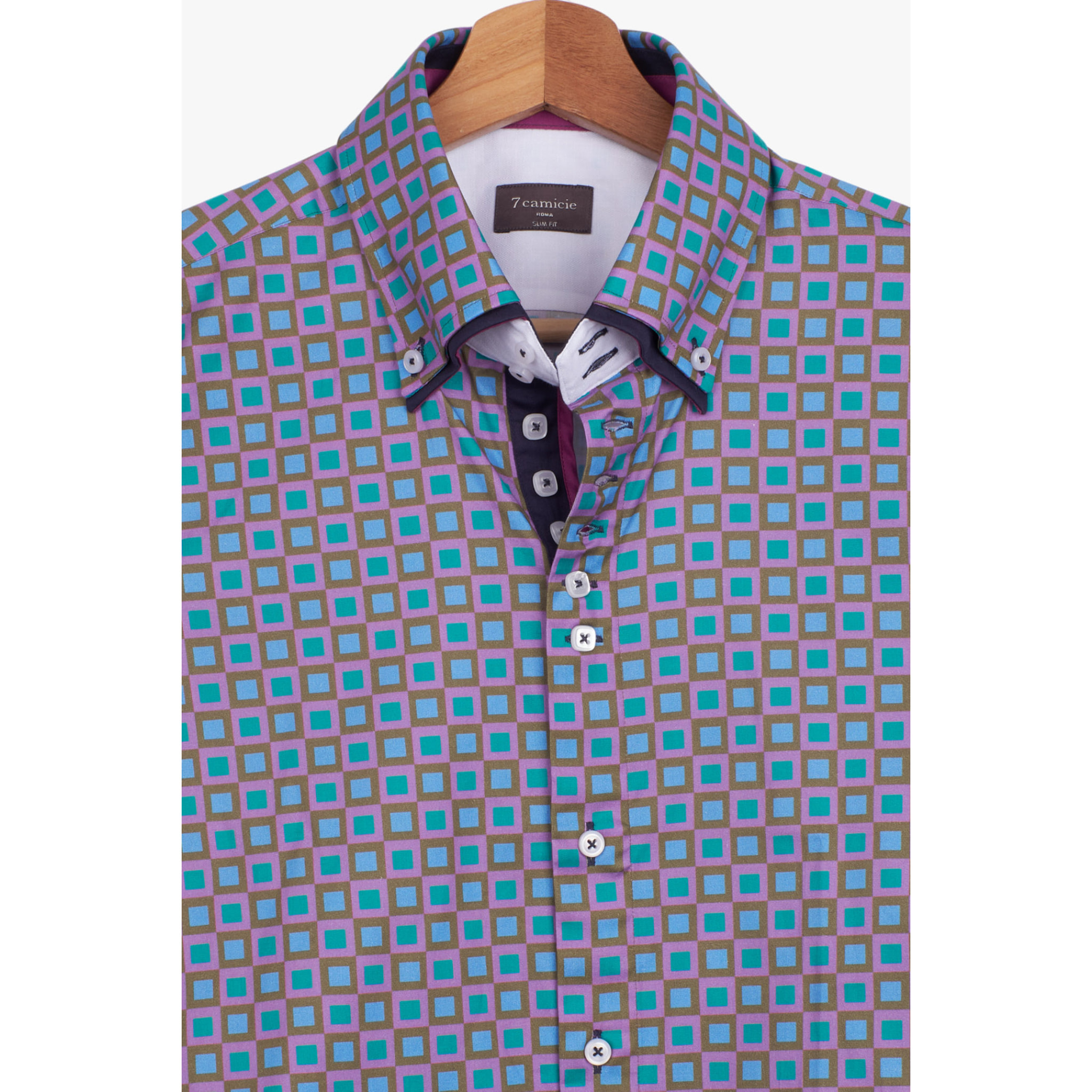 Camicia Uomo 2 Bottoni Button Down 7bottoni Doppio Coll Popeline Stampato Viola Ciclamino Verde Tiffany