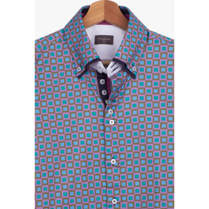 Camicia Uomo 2 Bottoni Button Down 7bottoni Doppio Coll Popeline Stampato Viola Ciclamino Verde Tiffany