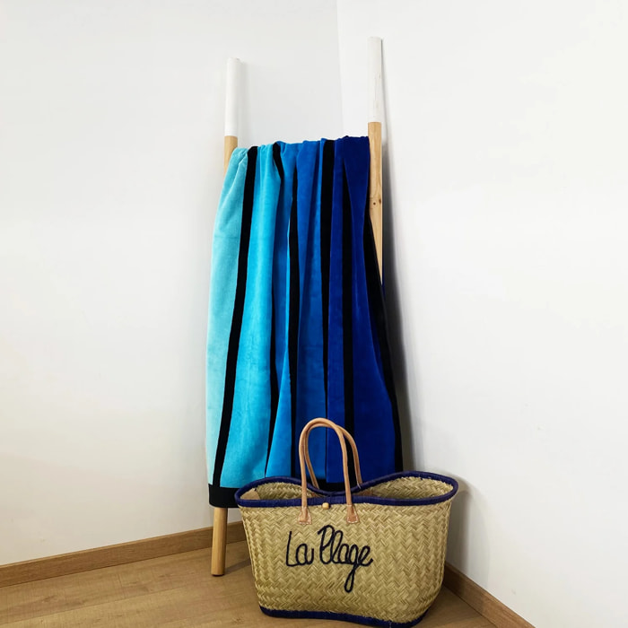Serviette de plage éponge velours Jacquard Bleu 100x175 470g/m² - Happy Blue