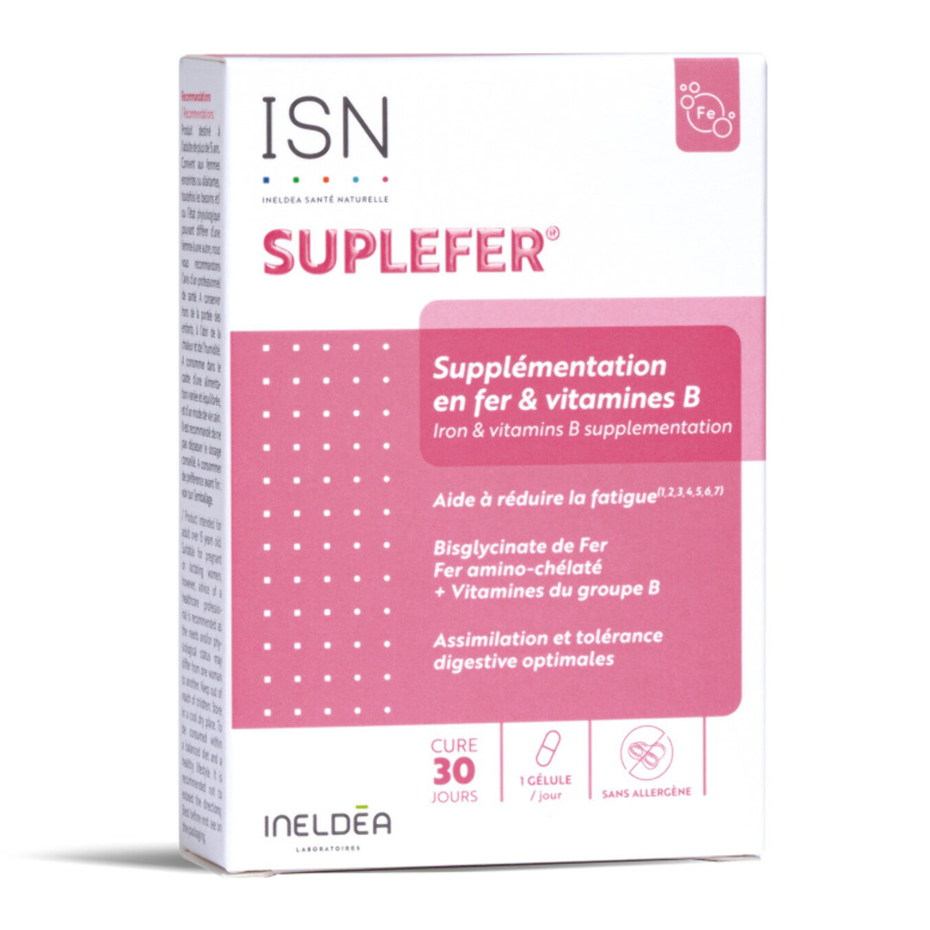 ISN - Suplefer - Aide à réduire la fatigue - Riche en Fer et Vitamines du groupe B - Fer microencapsulé plus biodisponible - Cure 30 jours