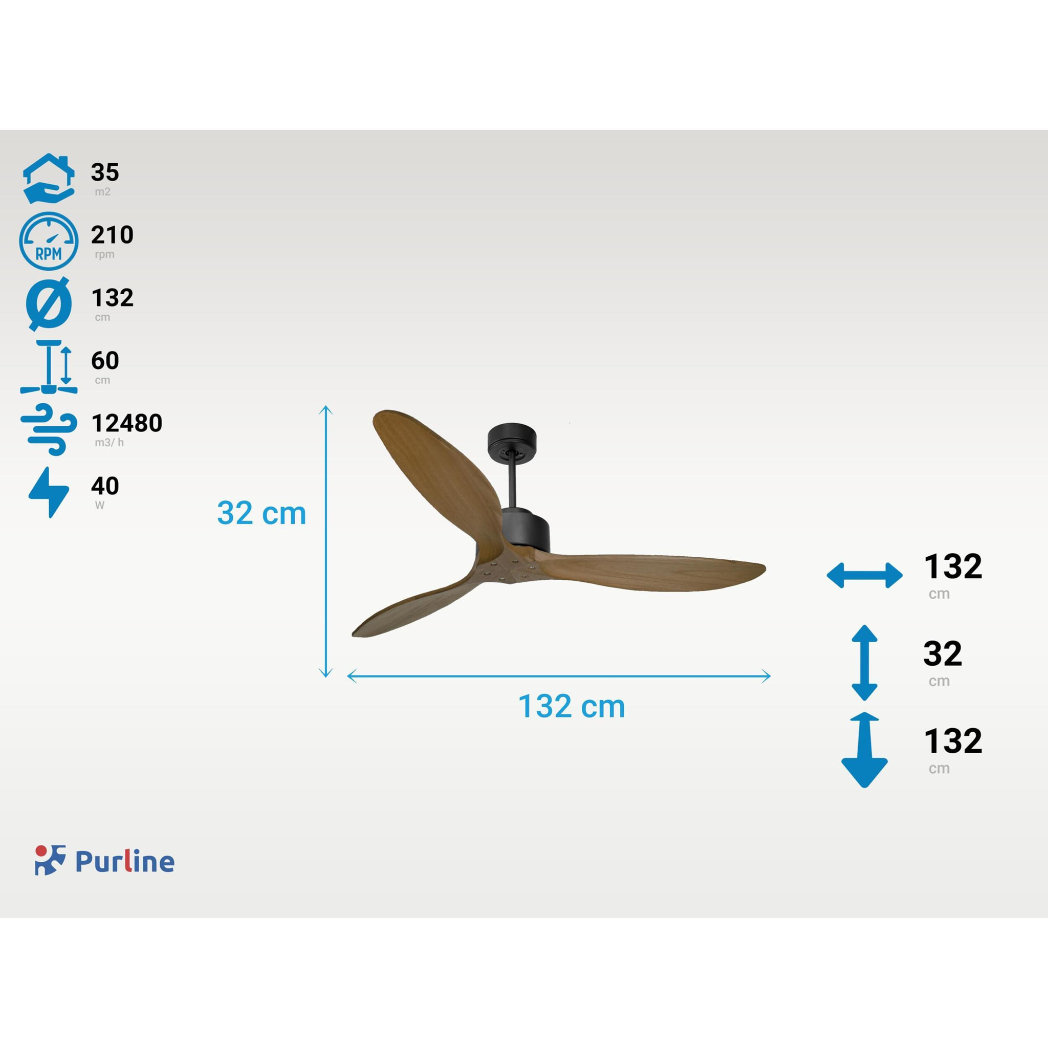 Ventilateur de Plafond ø132 cm avec Wifi Réversible Hypersilence pour 35 m² 40 W Noir