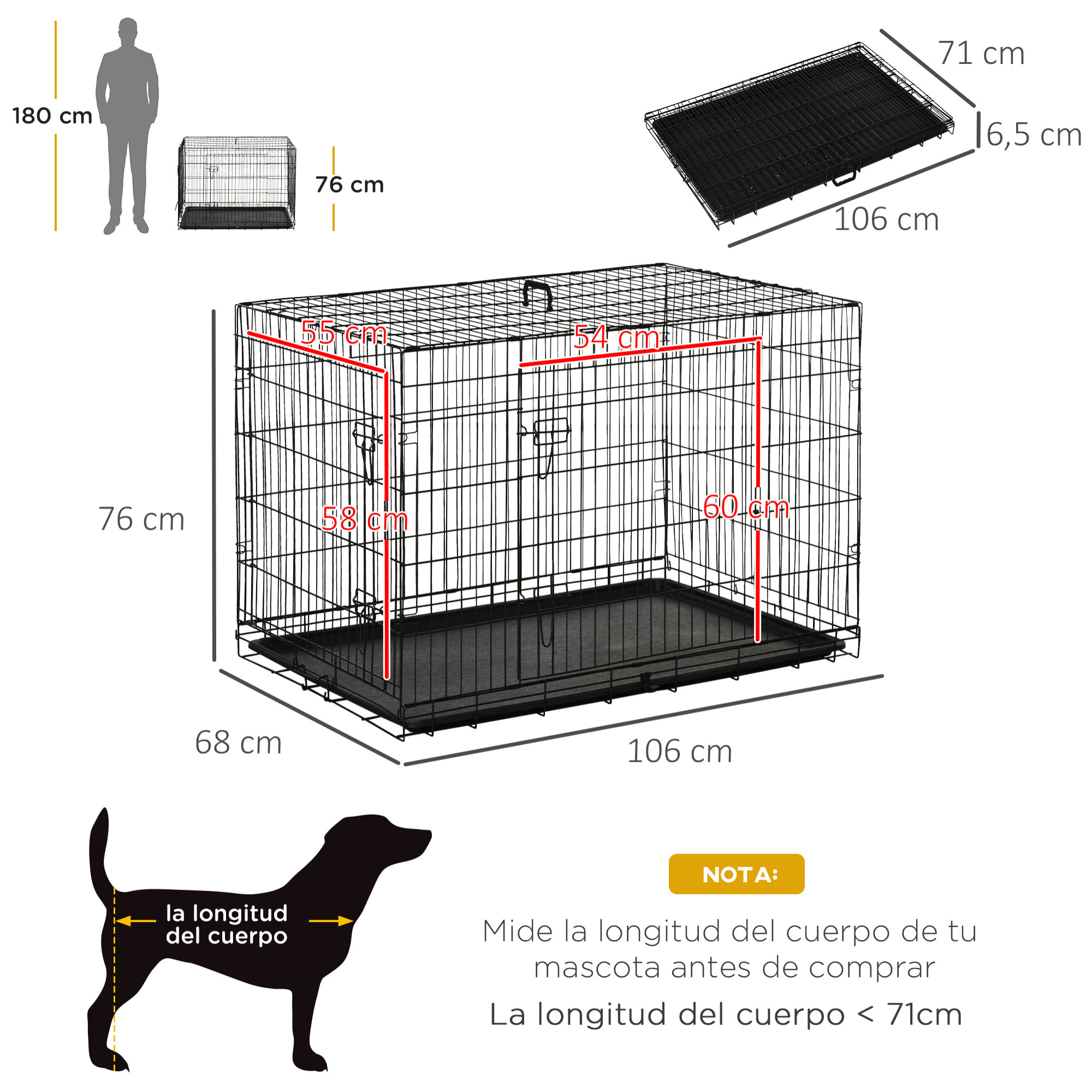 Transportin con 1 Bandeja de ABS Acero 106x71x76cm Negro