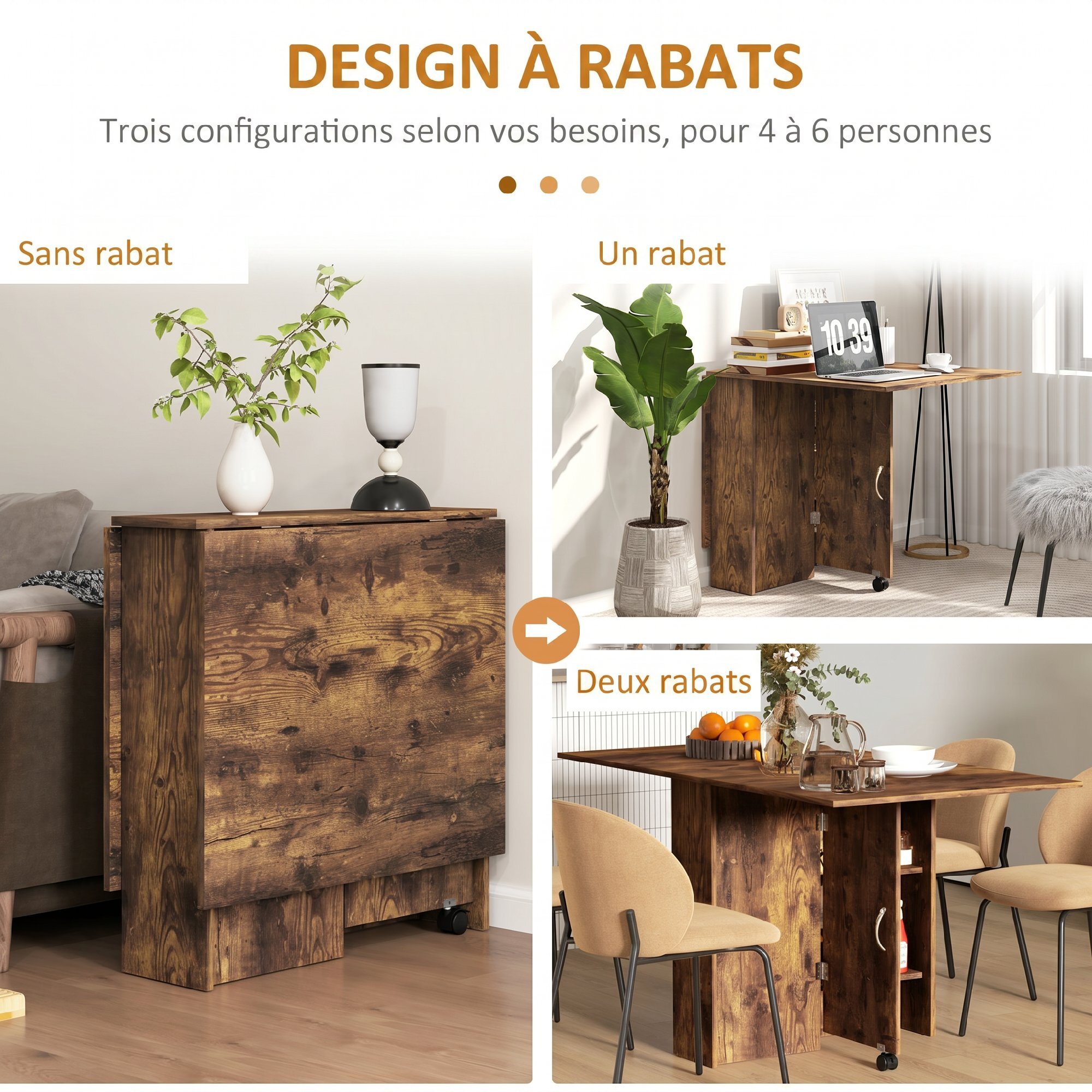 Table pliante mobile 2 étagères intégrées noir aspect bois vieilli