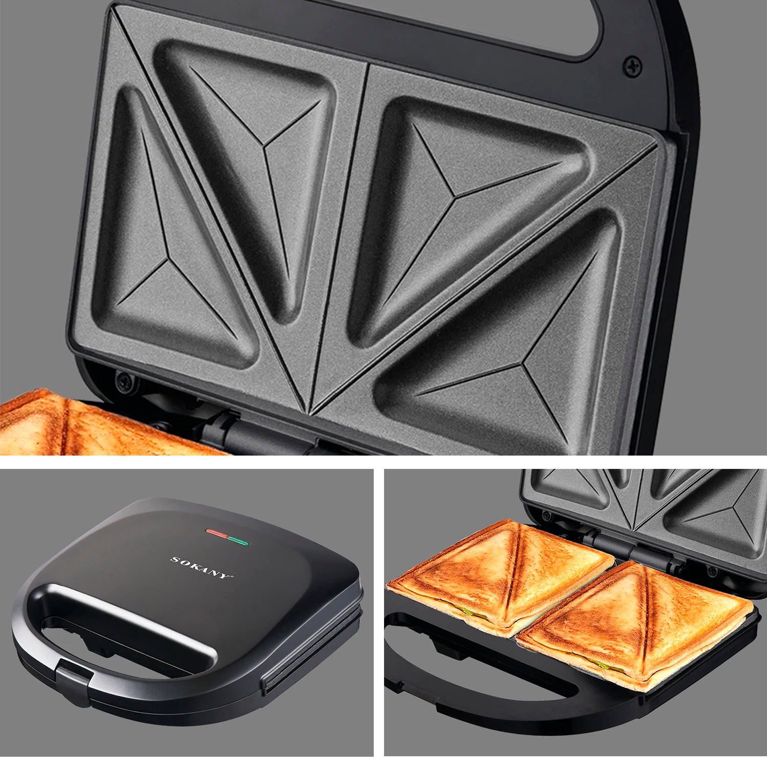 Sandwichera antiadherente con 750W de potencia y luz indicadora. Placas triangulares especiales sandwich.