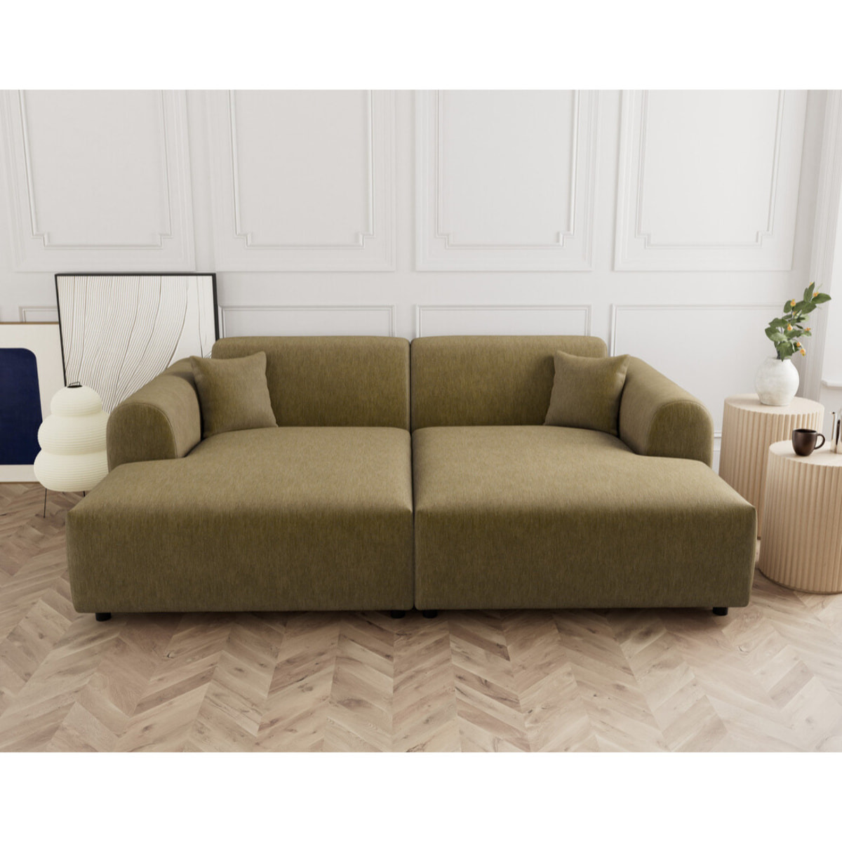 Aumance - canapé droit 4 places avec double méridienne assise profonde en velours texturé - Vert