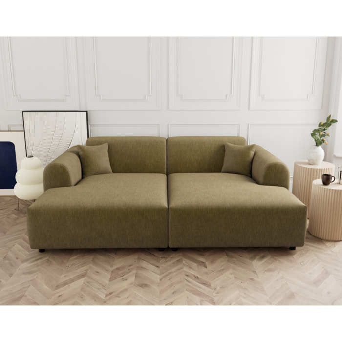 Aumance - canapé droit 4 places avec double méridienne assise profonde en velours texturé - Vert