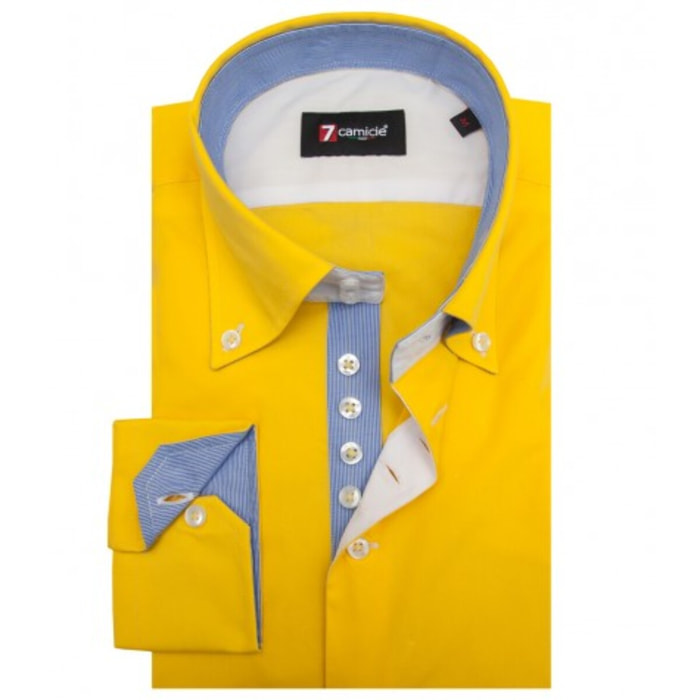 Camicia Uomo 2 Bottoni Button Down Slim Popeline Stretch Unito Giallo