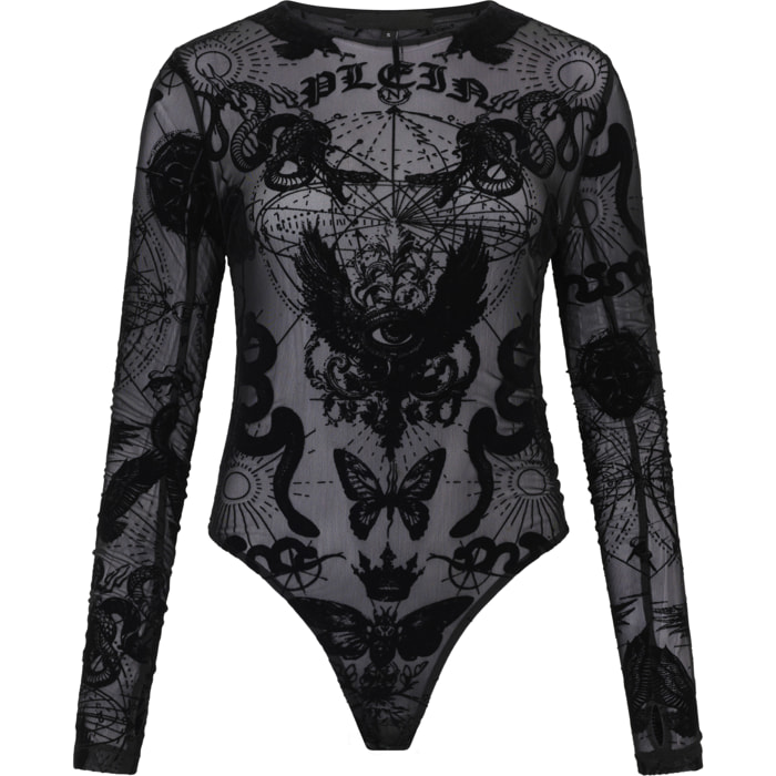 PHILIPP PLEIN Long Sleeve Bodysuit Flock Butterfly Tattoo