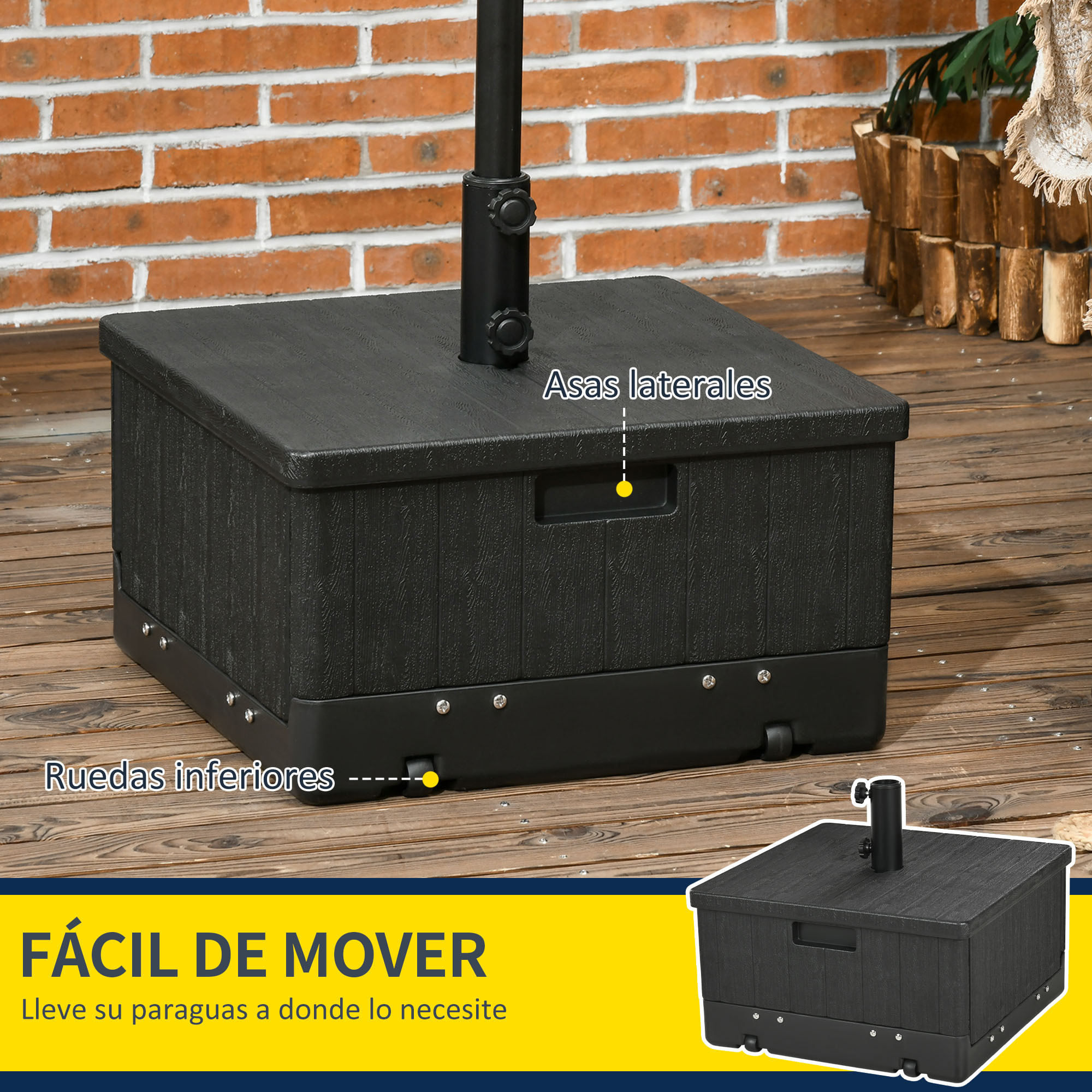 Base para Sombrilla Exterior 3 en 1, Mesa Auxiliar, Macetero con Orificio de Drenaje, Soporte de Parasol Rellenable Arena 80 kg con Ruedas y Asas para Sombrilla con Postes Ø38 y Ø48 mm, Negro