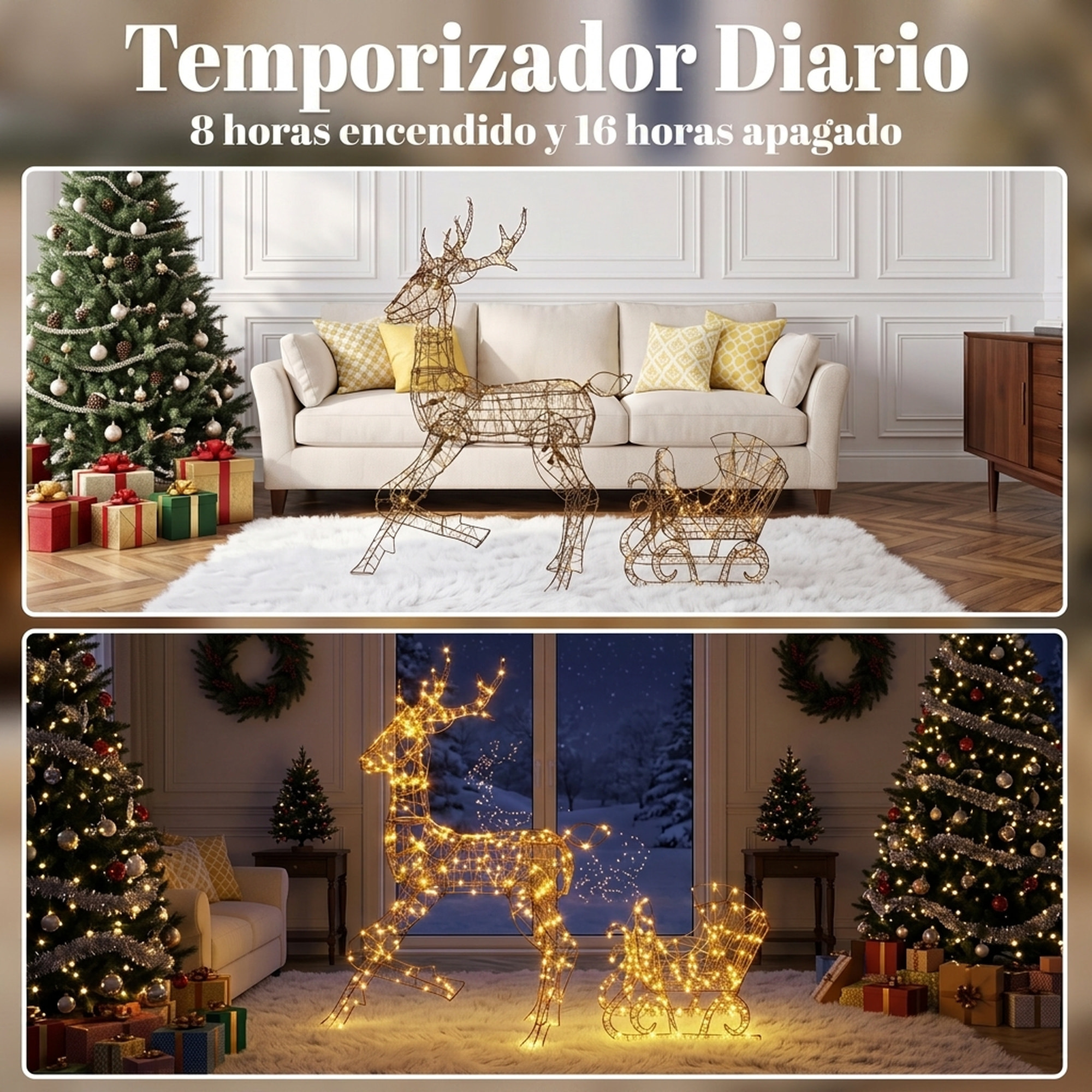 Outsunny Reno y Trineo Luminosos de Ratán PP con 175 LED Blanco Cálido, Decoración de Navidad con 8 Modos, Temporizador Diario, 120 cm, Illuminación Navideña para Jardín, Césped, Patio y Porche