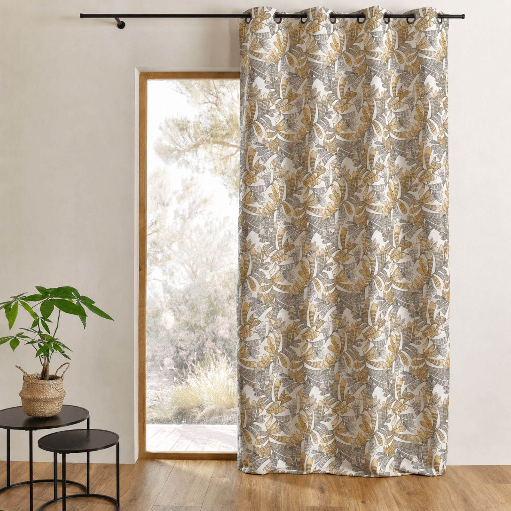 Rideau tamisant jacquard à motifs végétaux - Jaune Ocre
