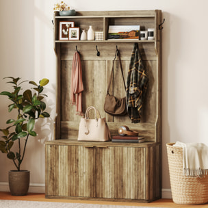 Perchero Zapatero, Perchero Recibidor con 2 Puertas, Estantes Abiertos, 6 Ganchos, para Pasillo, Dormitorio, Salón, Estilo Moderno, 100x38x172 cm, Roble