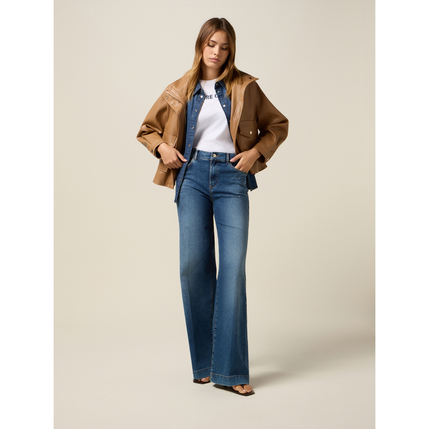 Oltre - Pantalones palazzo vaqueros con cristales - Azul