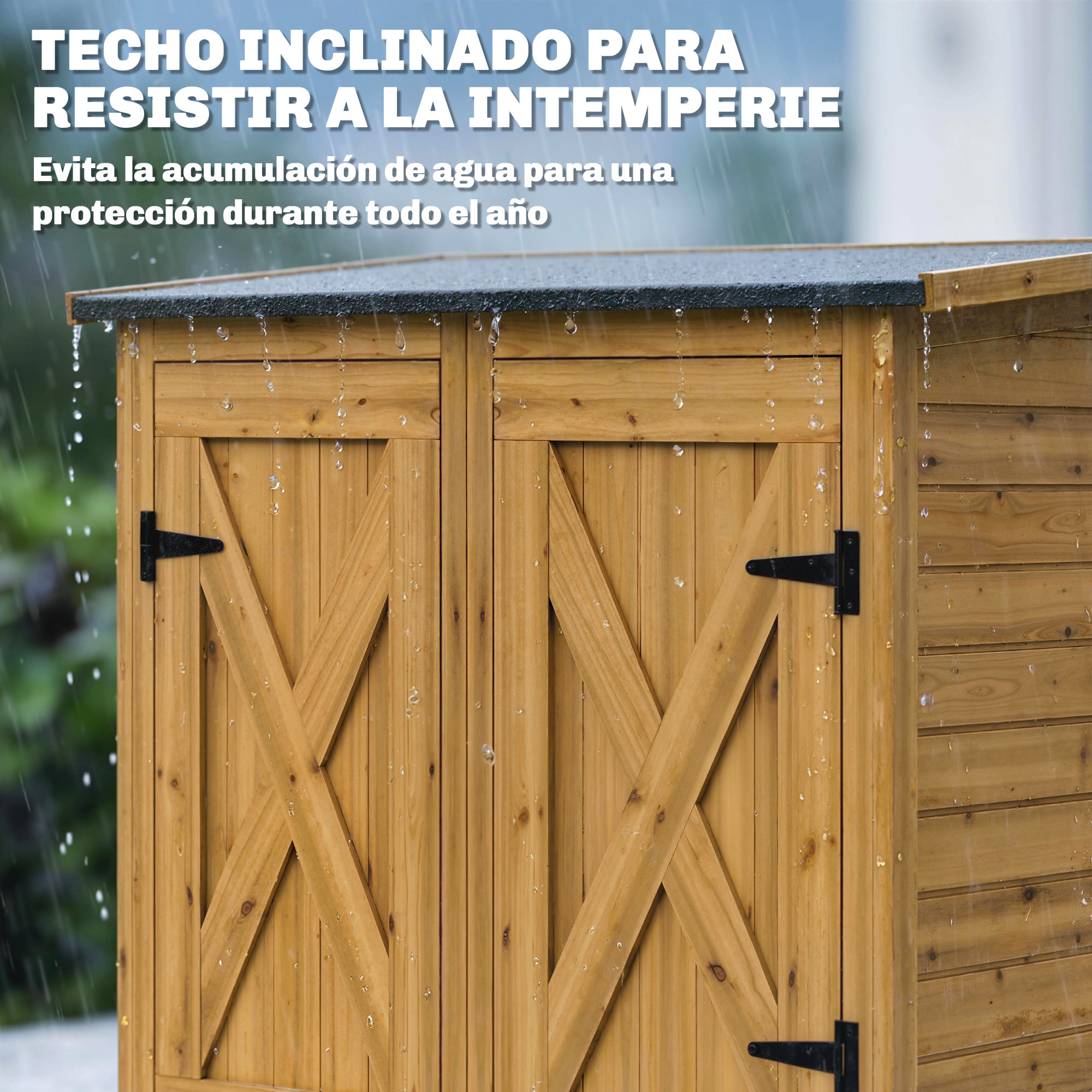 Caseta de Jardín de Madera 115x53x156 cm, Cobertizo Jardín Exterior, Armario Exterior para Herramientas con Puertas Dobles con Pestillo, 2 Estantes y Techo Inclinado, Resistente, Marrón