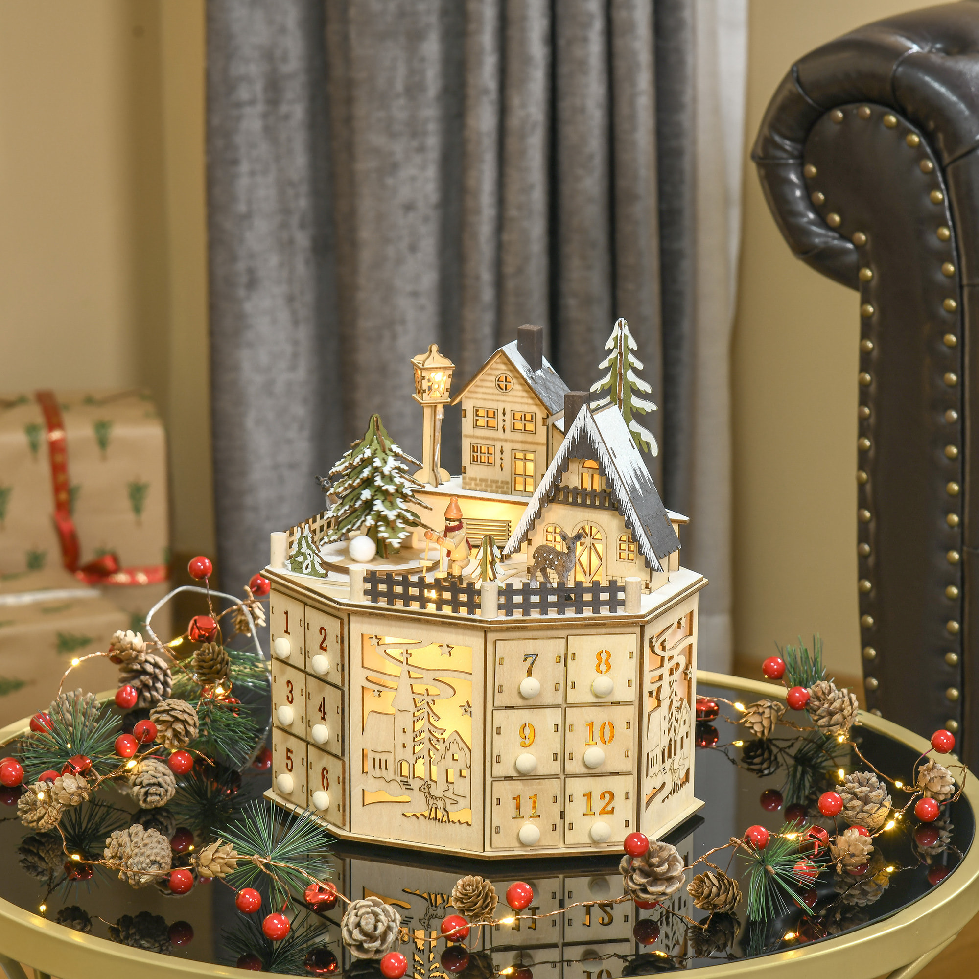 HOMCOM Calendario de Adviento para Rellenar de Madera, con Luces LED y 24 Cajones, Calendario de Adviento de Navidad Reutilizable con Escena de Pueblo, Decoración Navideña, 25x20x29 cm, Natural