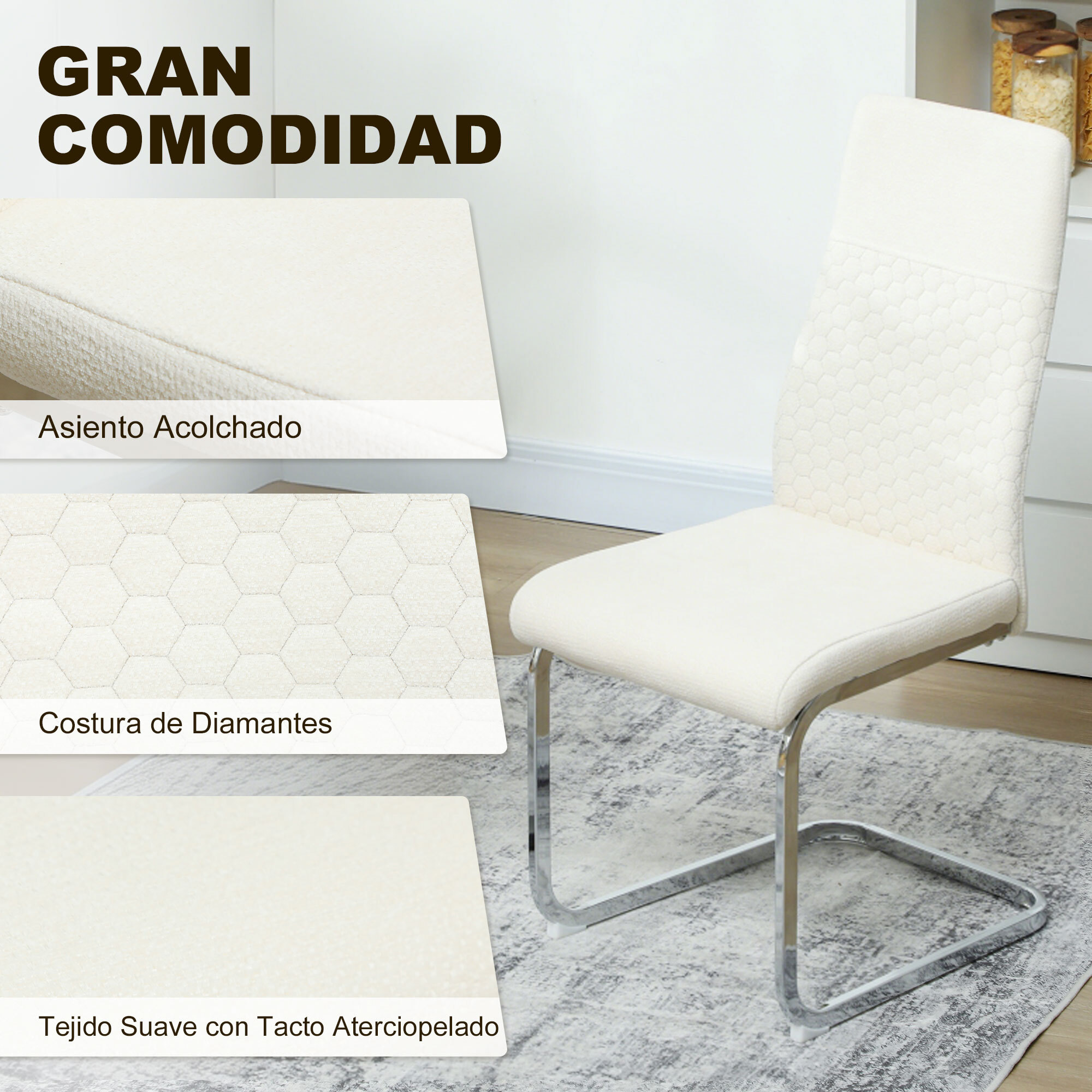 Juego de 4 Sillas de Comedor, Sillas de Cocina con Asiento y Respaldo Acolchado, Tapizado en Terciopelo, Patas de Acero, para Oficina, Conferencia, Sala de Estar, Crema