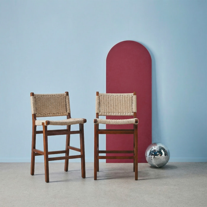 Tabouret de bar bois d'hévéa et assise en cordes 64cm (lot de 2) JOY