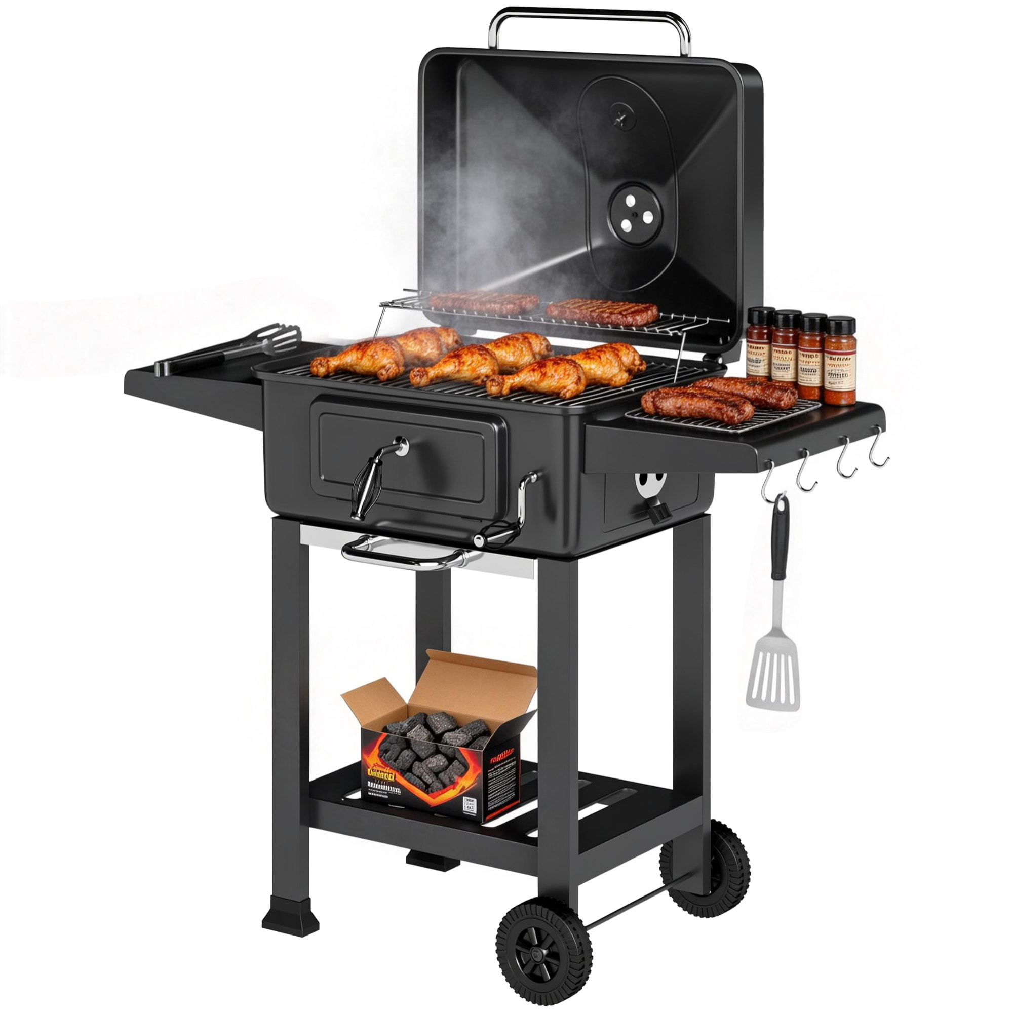 Barbacoa de Carbón Portátil, Barbacoa de Carbón Móvil con Bandeja y Ventilación Ajustable, Estantes Laterales, Termómetro, Tapa, Cajón de Cenizas, Ruedas, Puerta Frontal, Asa, Negro