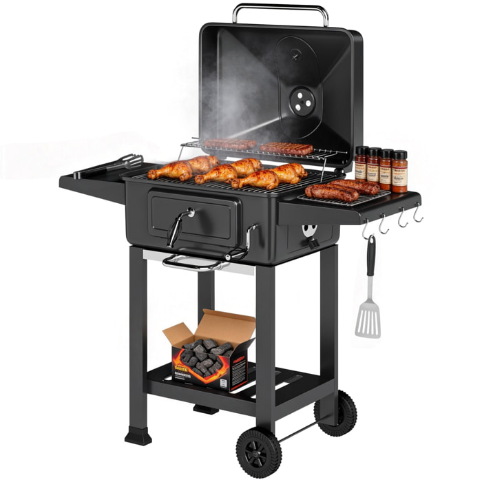 Barbacoa de Carbón Portátil, Barbacoa de Carbón Móvil con Bandeja y Ventilación Ajustable, Estantes Laterales, Termómetro, Tapa, Cajón de Cenizas, Ruedas, Puerta Frontal, Asa, Negro