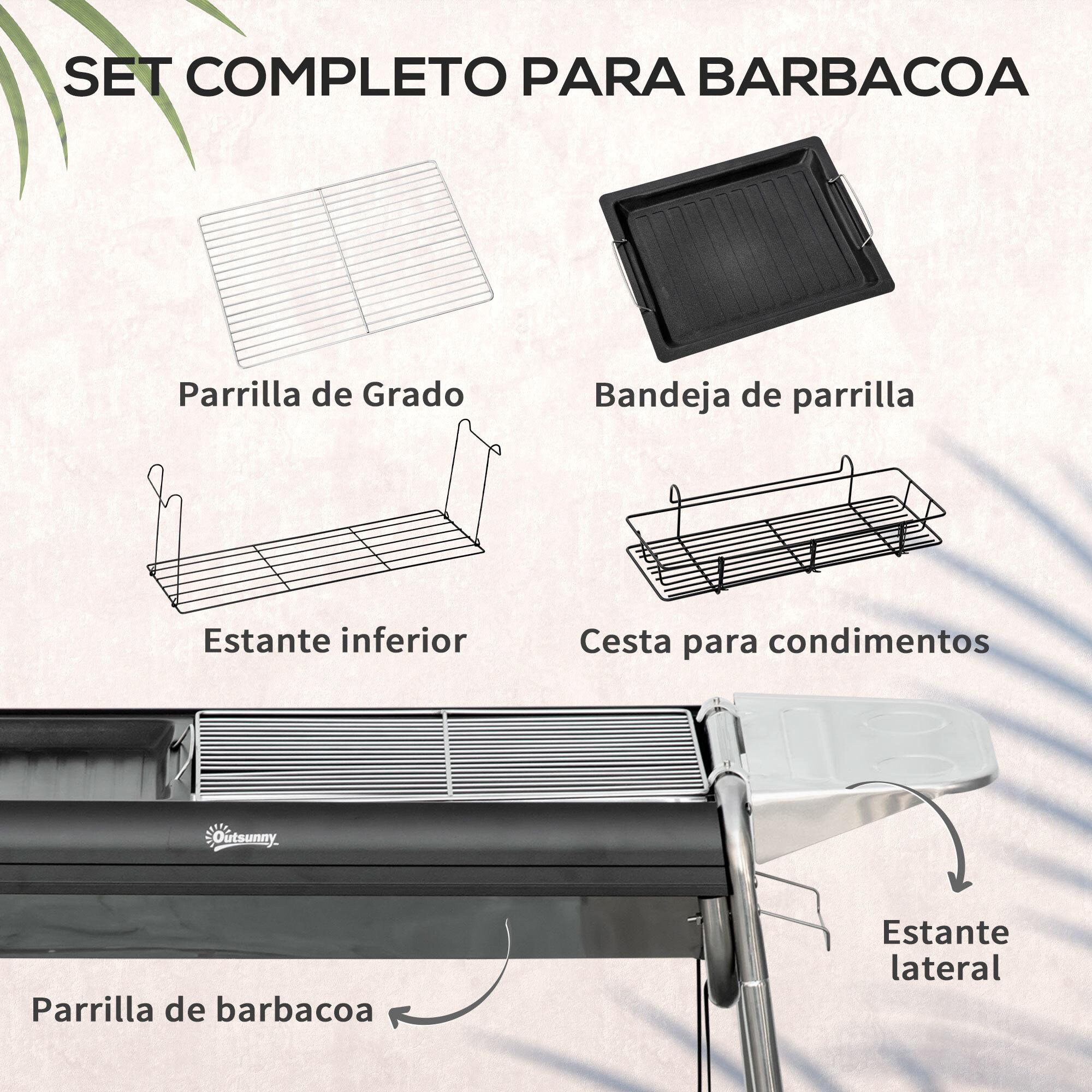 Barbacoa de Carbón Barbacoa Portátil con Parrilla de Acero Inoxidable Bandeja Especiero y Estante de Almacenamiento para Jardín Camping 96x61x72 cm Negro