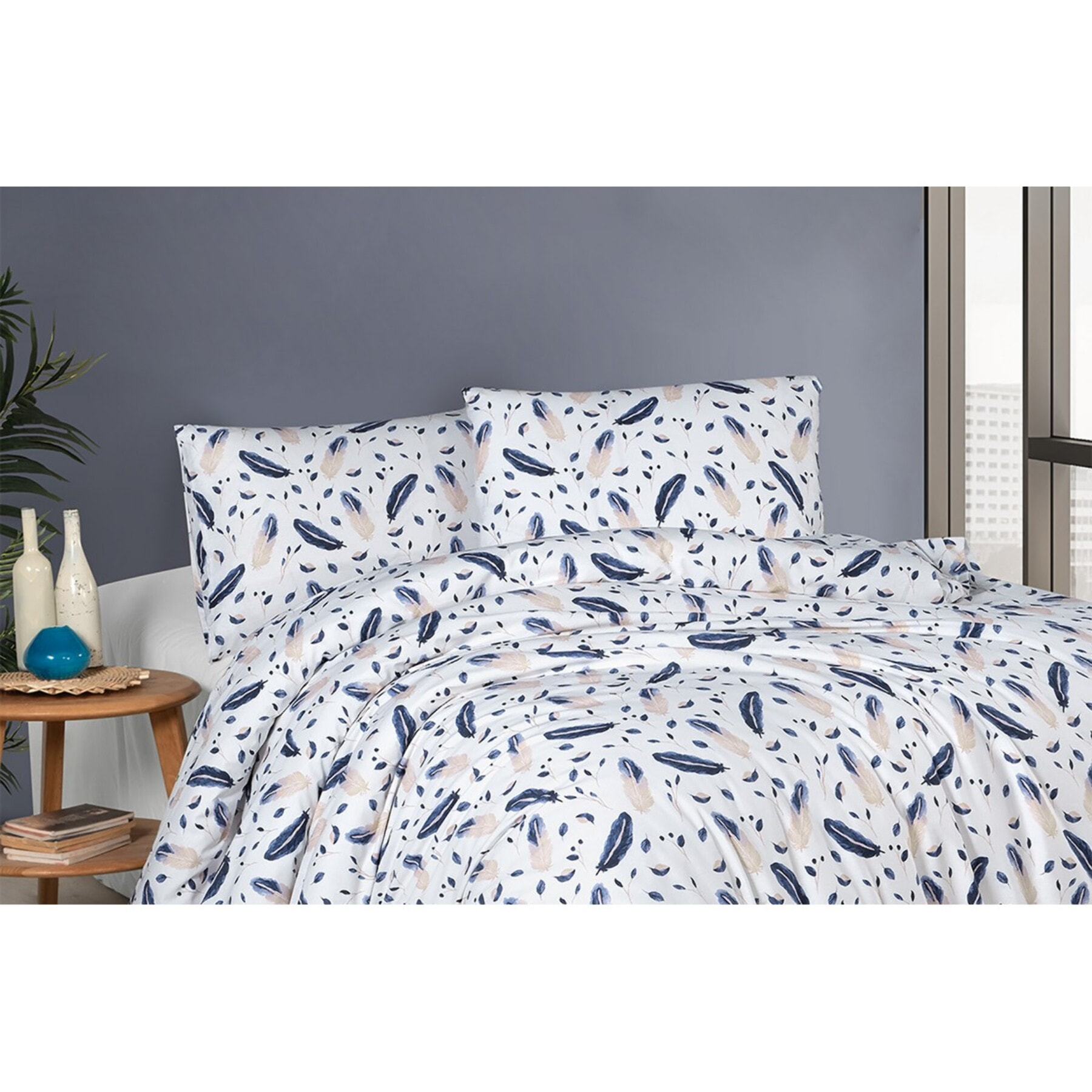 Housse de couette + taie(s) oreiller "Plume" 100% coton imprimé.