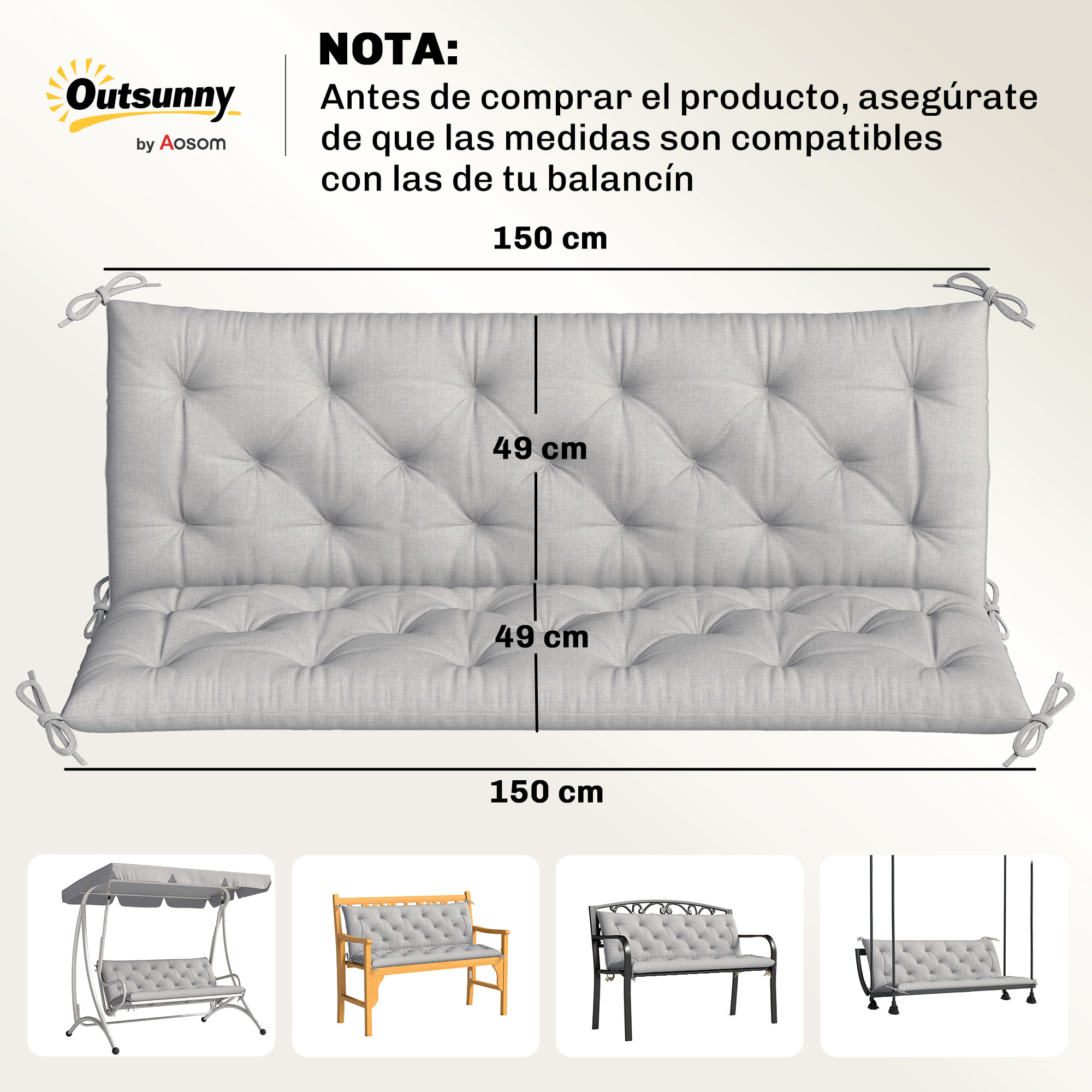 Cojín para Banco de Jardín con Respaldo, 150x98x8 cm, Colchón de Banco de 3 Plazas para Interior y Exterior con Relleno Grueso y Cintas de Sujeción, para Columpio, Terraza, Balcón, Gris Claro