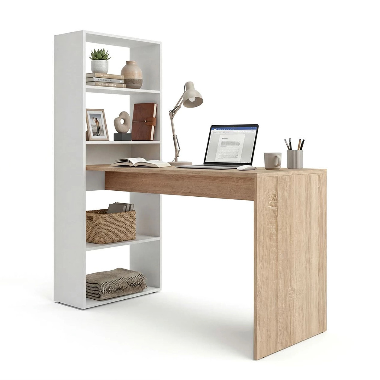 Mesa de escritorio con estantería en blanco artik y roble canadian 120x50 cm Cosmic Blanco Artik (Blanco Mate) - Roble Canadian