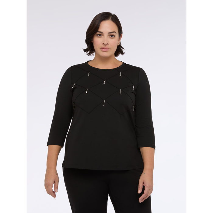 Fiorella Rubino - T-shirt in jersey di cotone con lavorazione a rombi - Nero