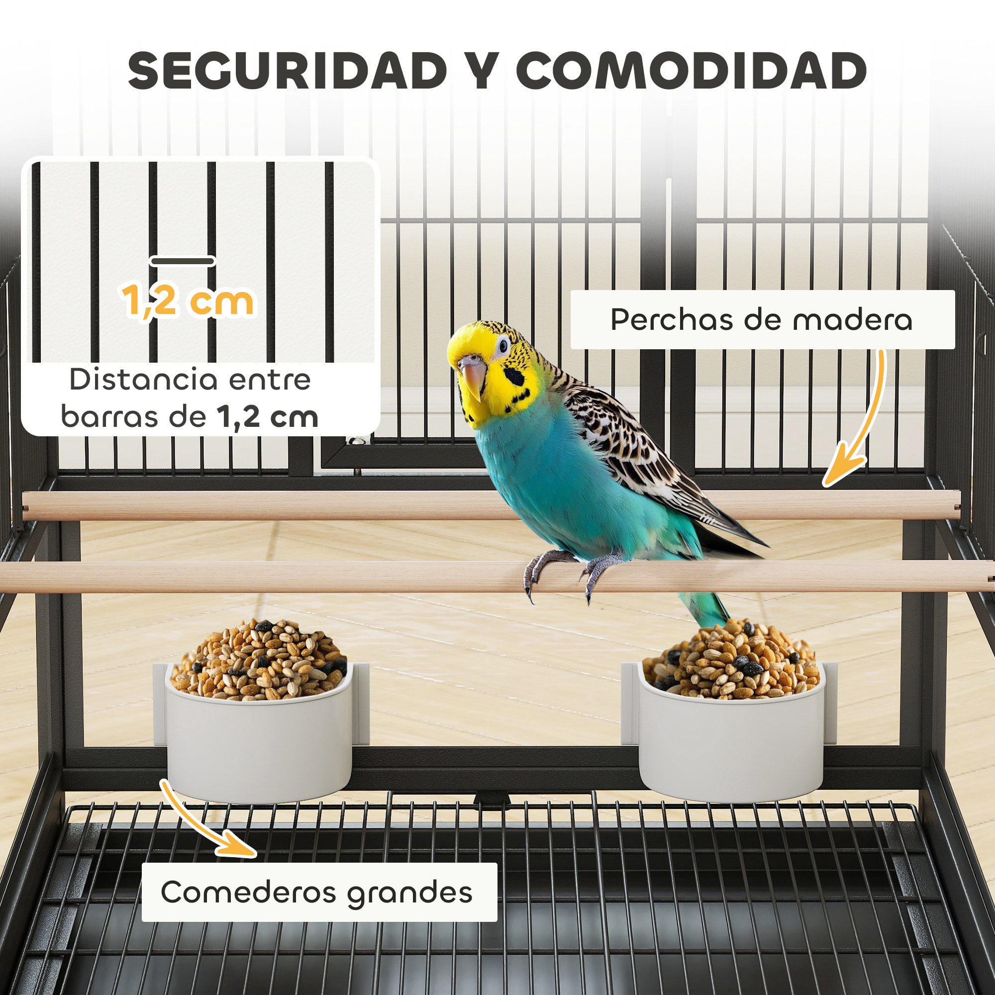 Jaula para Pájaros Jaula Grande de 2 Niveles con Ruedas Paneles Acrílicos Comederos Perchas Estante Bandejas Extraíbles Pajarera para Loros Canarios 48x46x134,5 cm Negro