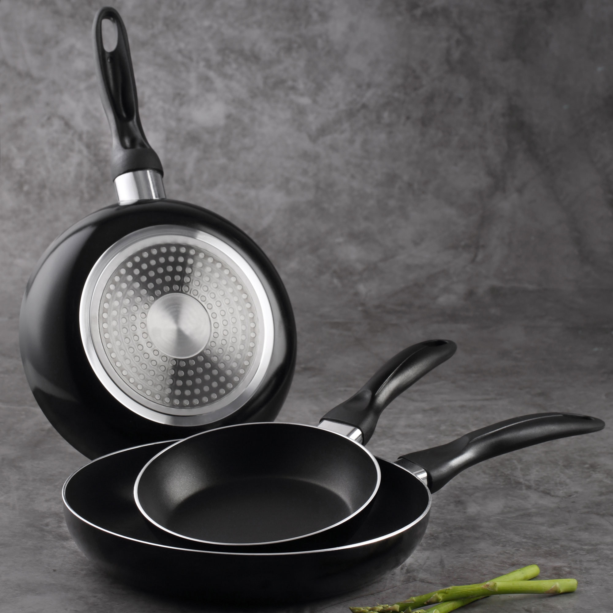 set de batería de cocina de 5pc en acero inoxidable + 3 sartenes ø16ø20ø24cm negro en aluminio prensado