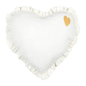 Coussin cœur en coton à volant froncé - Ecru