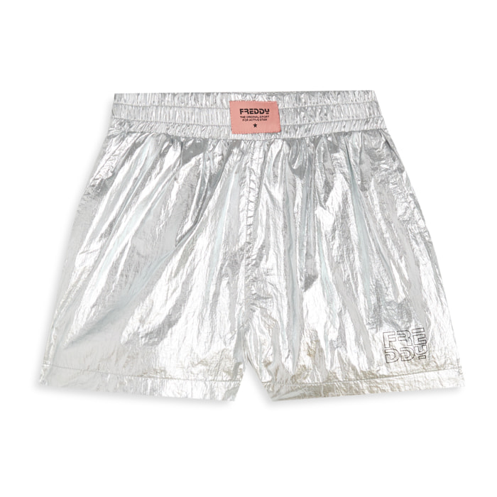 Pantaloncini Bambina in Tessuto Coated Argento