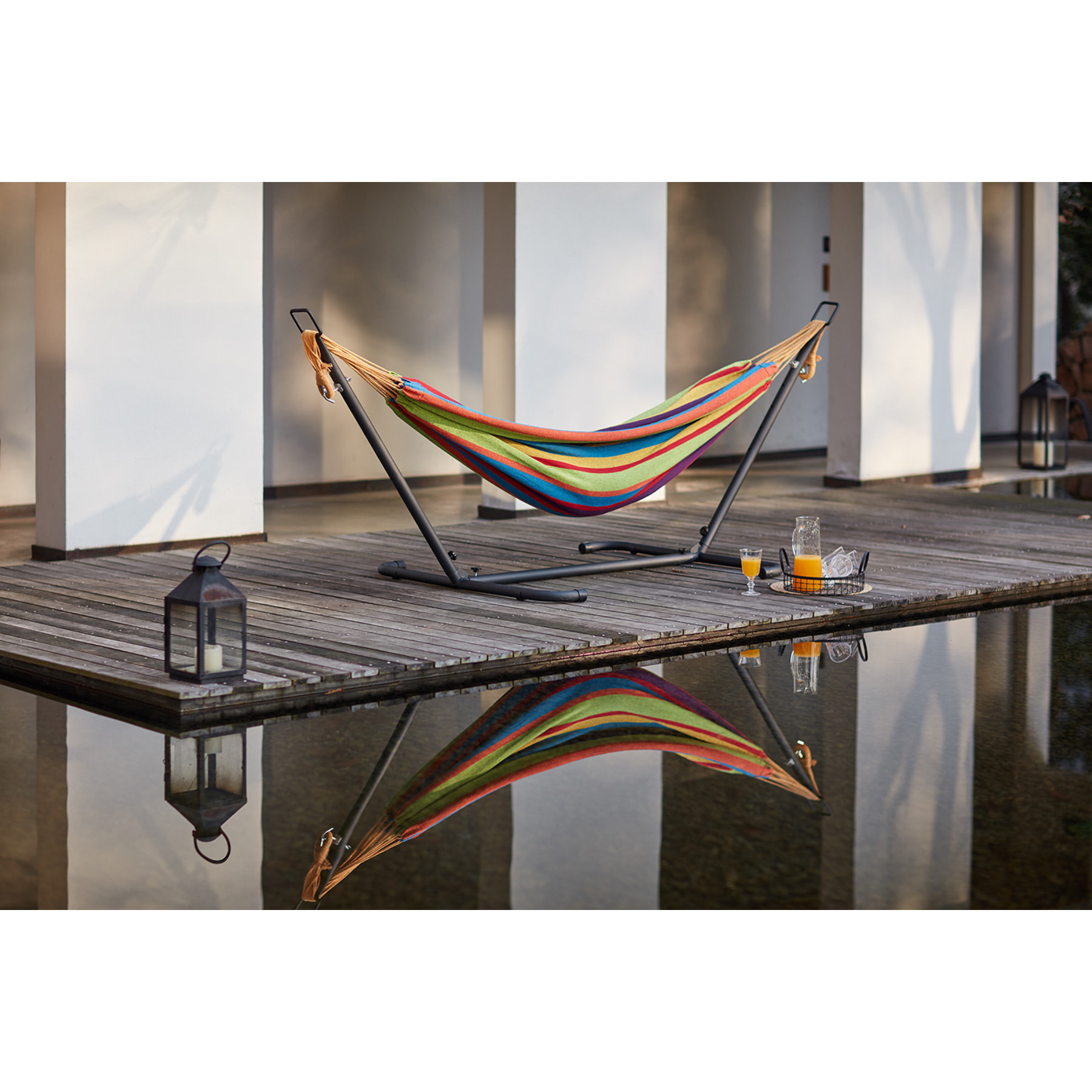 Hamac sur pied 2,6 m avec toile en tissu multicolore SAGUEDO