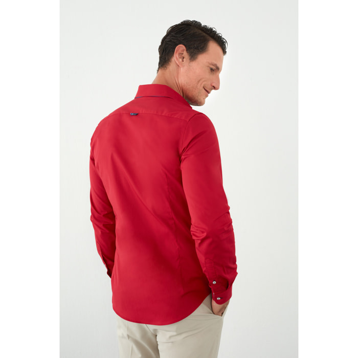 Camicia Uomo 1 Bottoni Button Down Slim Popeline Stretch Unito Rosso