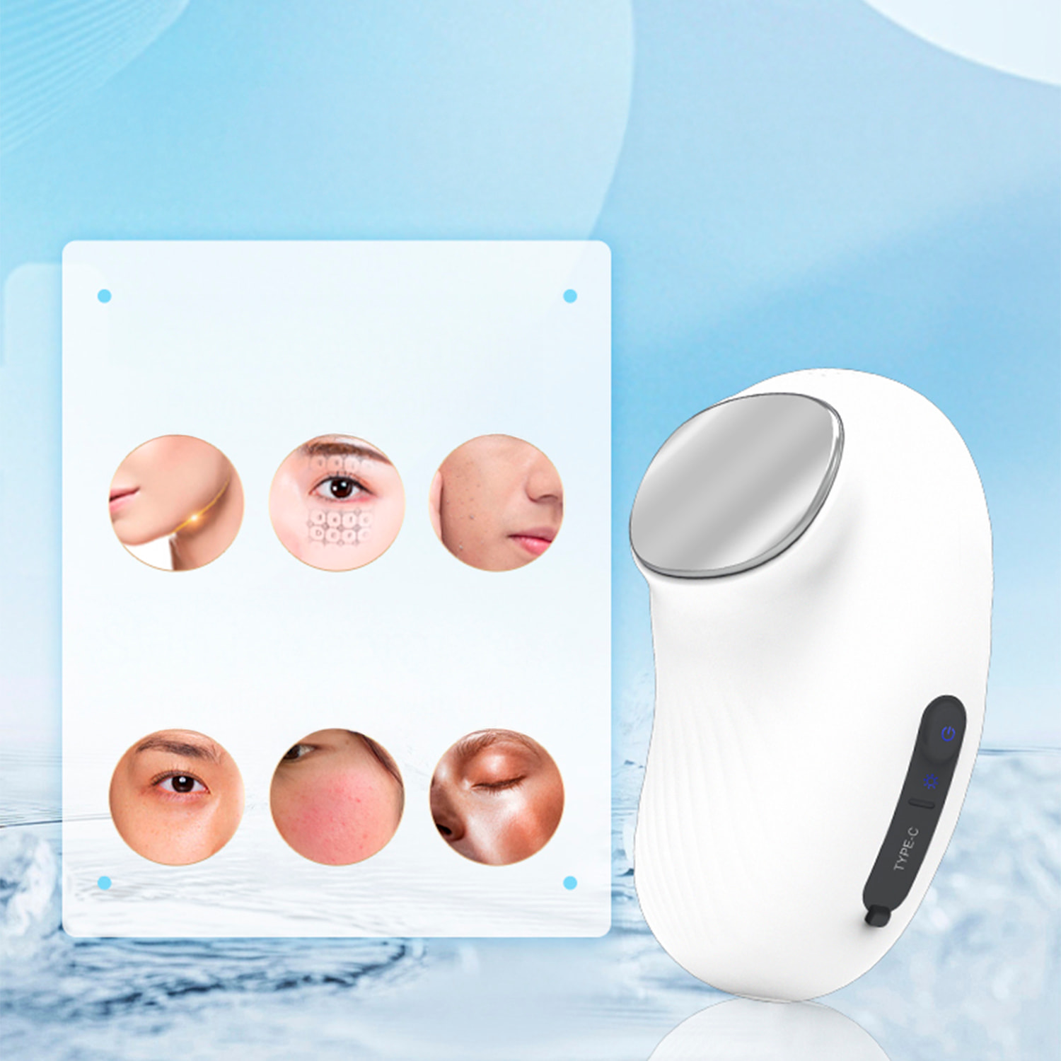 Dispositivo de terapia 3 en 1: calor, frío y vibración para cuidar, relajar y revitalizar tu piel.