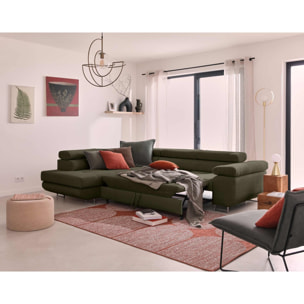 Zaria - canapé d'angle gauche - convertible avec coffre et têtières réglables - 5 places - en velours côtelé - Vert