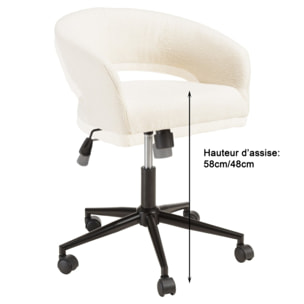 MINA - Chaise de bureau à roulettes en tissu écru dossier ouvert