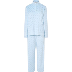 Pijama mujer suave tejido con estampado de pequeños topos, escote abierto con botones, manga larga y pantalón largo