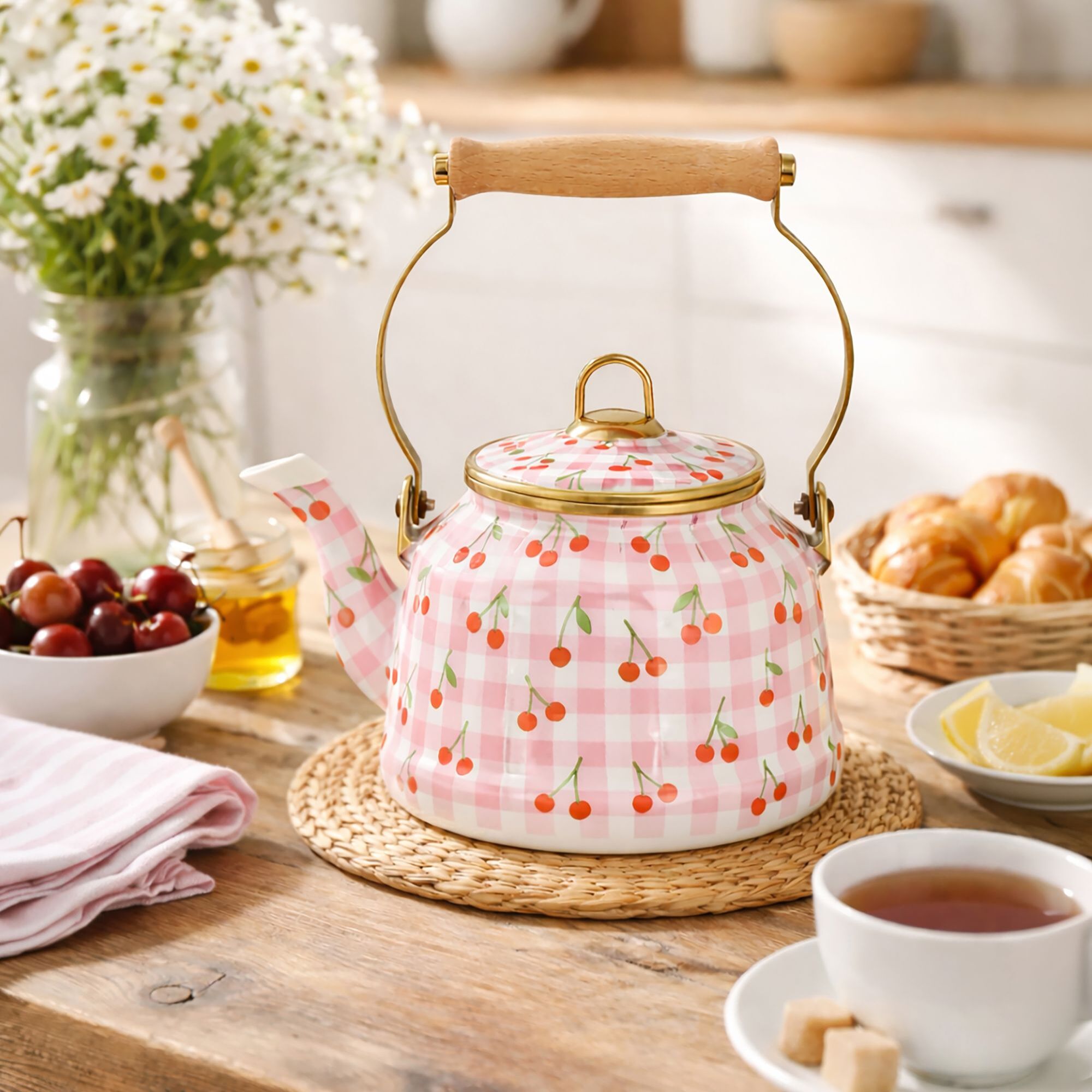 Bouilloire 2,5L en acier émaillé avec motif cerise - tous feux VICHY