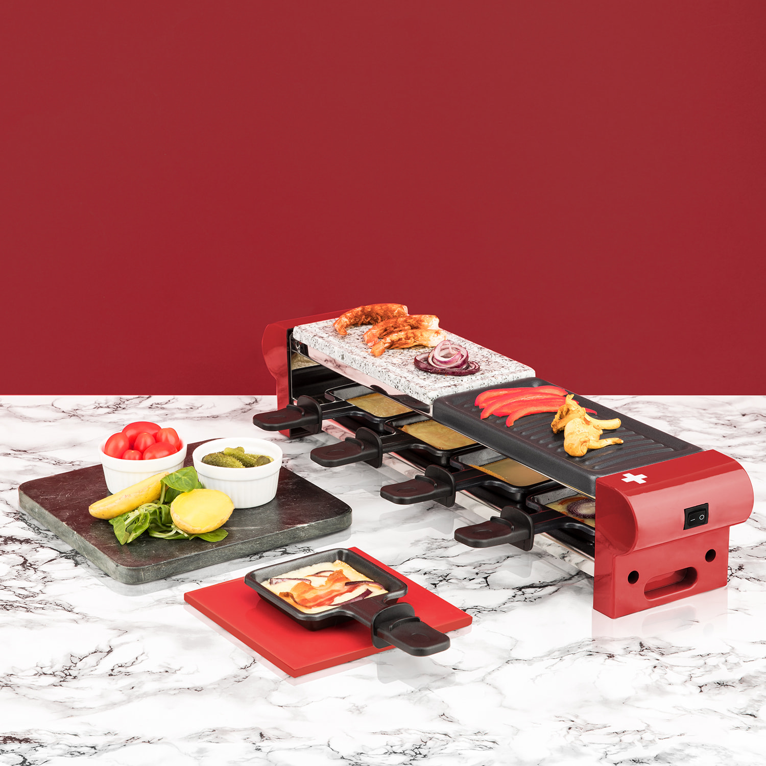 Raclette 4 Personas 2 en 1, Plancha Con Piedra Natural, 600 W.